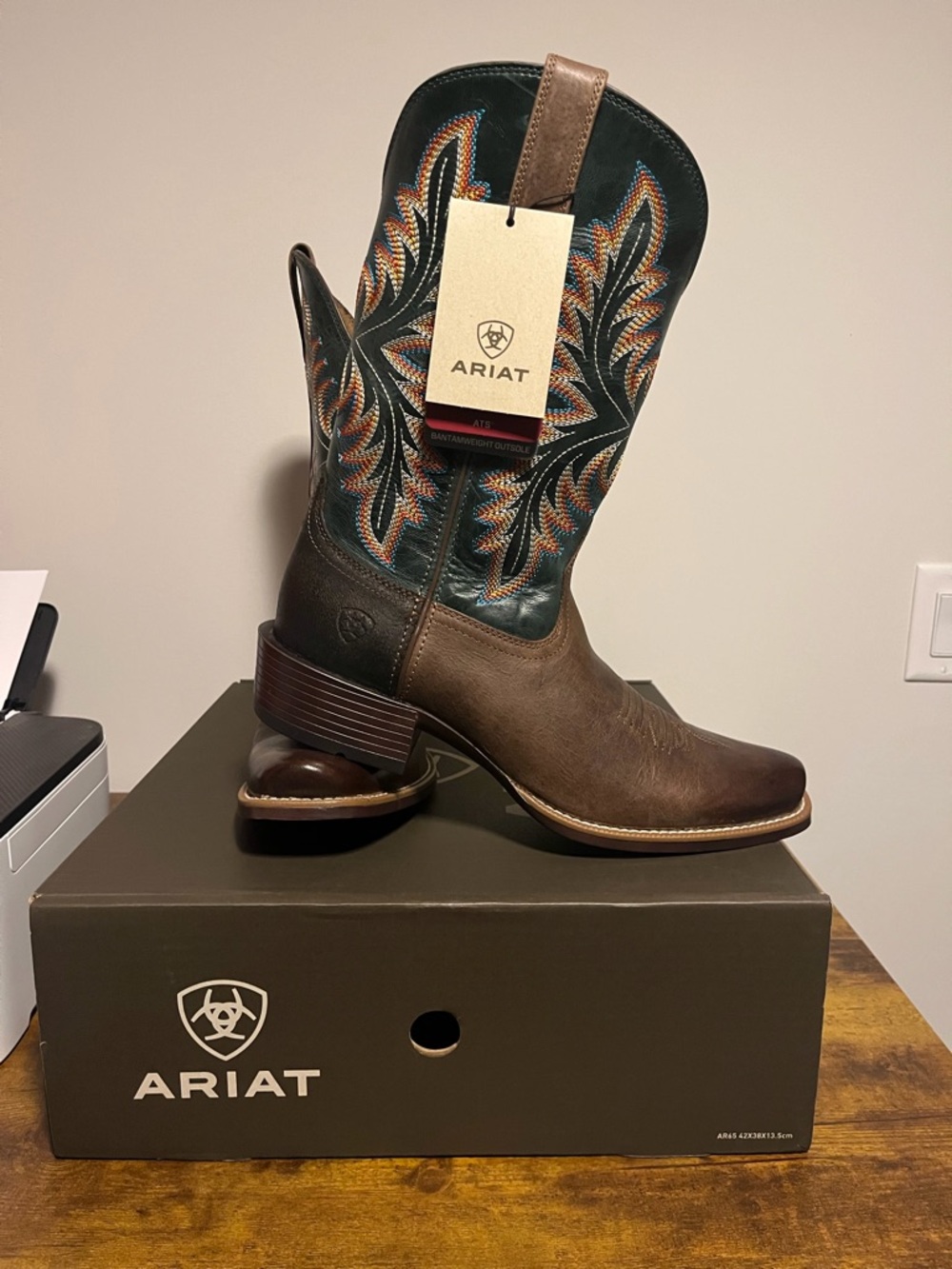 New Men's ARIAT "RENEGADE" Brown/Teal Leather 12" Western Cowboy Boots